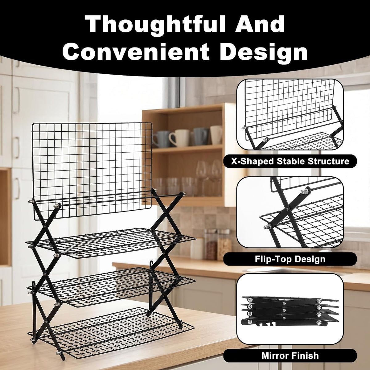 4 Tier Cooling Rack Adjustable Stackable Non-Stick Wire Rack Stainless Steel Baking Racks with Leak-Proof Mesh X-Shaped Structure for Roasting Cooking Cookies Cakes Drying Picnic Party