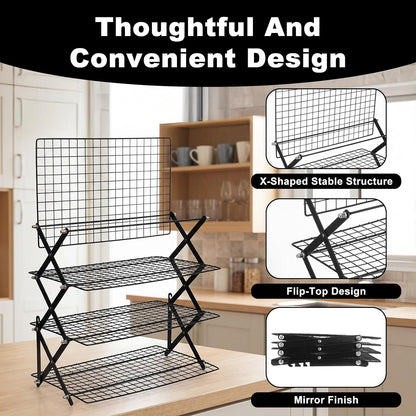 4 Tier Cooling Rack Adjustable Stackable Non-Stick Wire Rack Stainless Steel Baking Racks with Leak-Proof Mesh X-Shaped Structure for Roasting Cooking Cookies Cakes Drying Picnic Party
