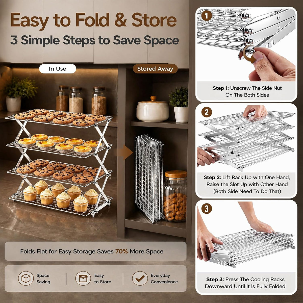 P&P CHEF 4 Tier Collapsible Cooling Racks,Stackable Bakers Rack,Silver