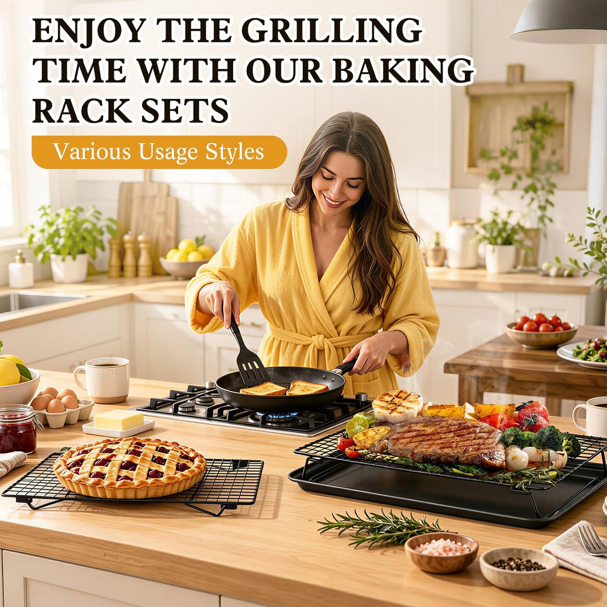 5 Pcs Stackable Cooling Racks Sets (13.4"x9.4") with Compatible Baking Pan