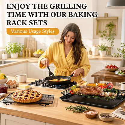 5 Pcs Stackable Cooling Racks Sets (13.4"x9.4") with Compatible Baking Pan