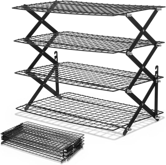 4 Tier Cooling Rack Adjustable Stackable Non-Stick Wire Rack Stainless Steel Baking Racks with Leak-Proof Mesh X-Shaped Structure for Roasting Cooking Cookies Cakes Drying Picnic Party