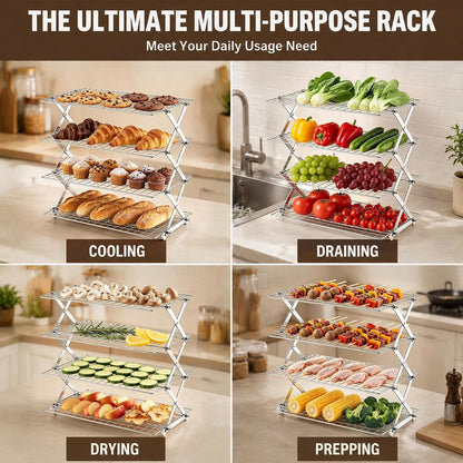 P&P CHEF 4 Tier Collapsible Cooling Racks,Stackable Bakers Rack,Silver