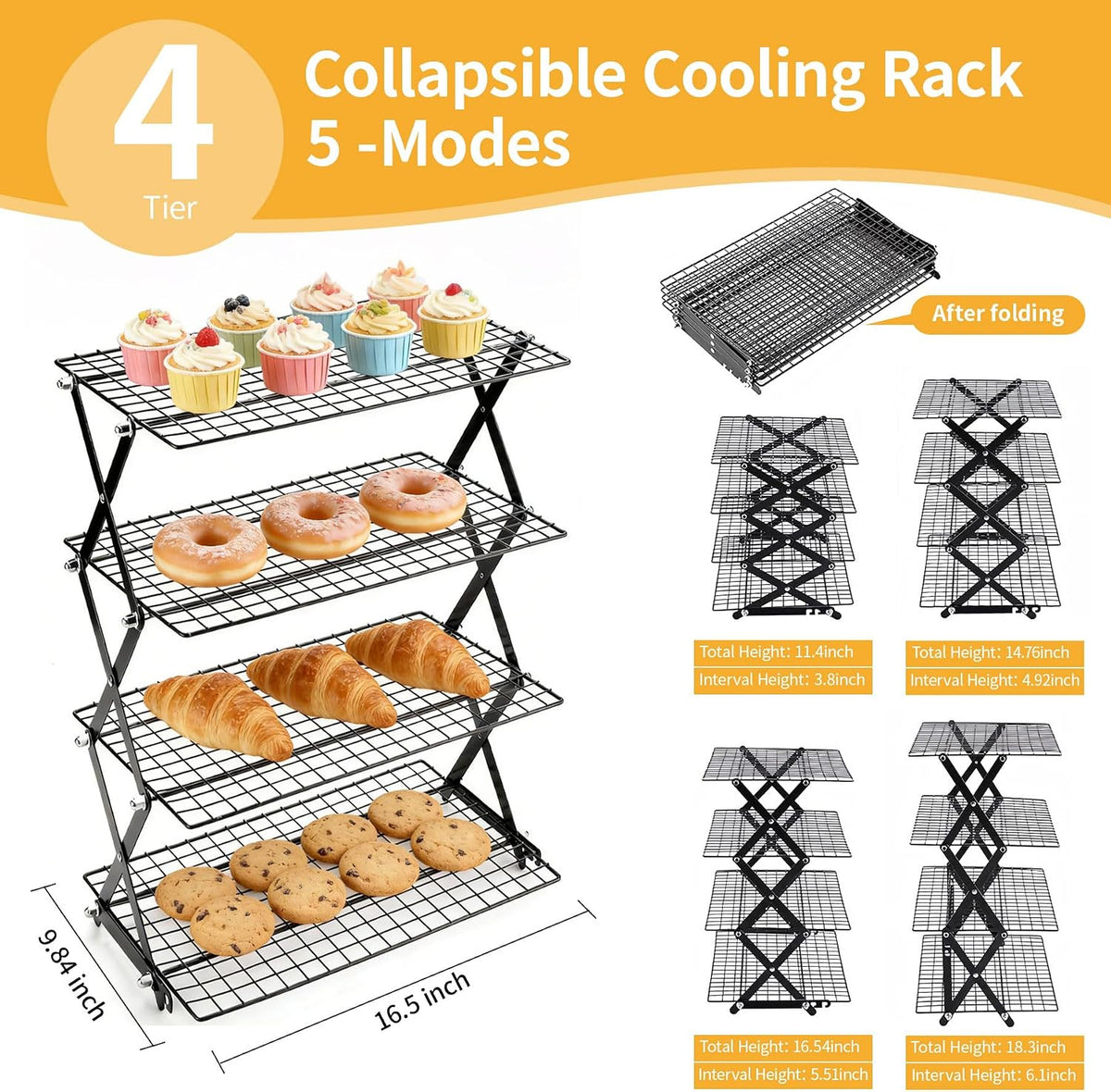 4-Tier Collapsible Cooling Rack with 3-Setting Design, Heavy-Duty Steel Baking Rack for Oven Safe Cooking & Space-Saving Storage