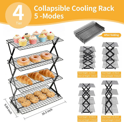 4-Tier Collapsible Cooling Rack with 3-Setting Design, Heavy-Duty Steel Baking Rack for Oven Safe Cooking & Space-Saving Storage
