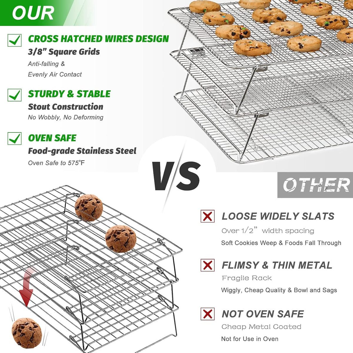 HIWARE Oven-Salf Collapsible Cooling Rack for Baking, 3 Tier 12”x 16.5”, Stainless Steel and Fit Half Sheet, Stackable Wire Cooling Racks for Cookie, Pizza, Cake