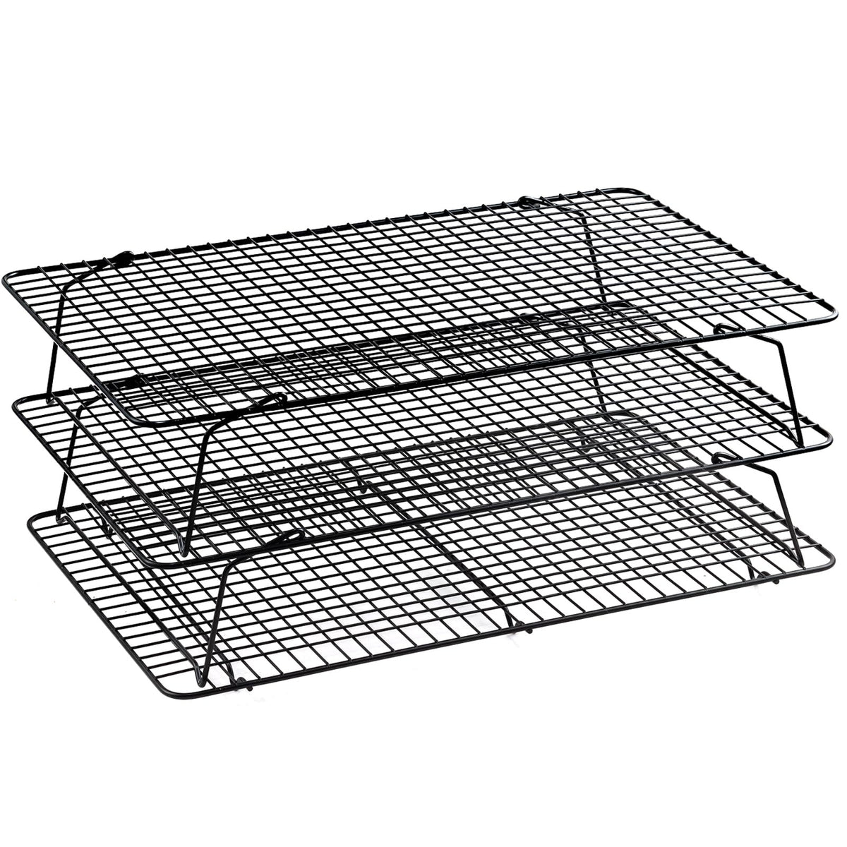 Pleafind Stackable Cooling Rack Set - 3 Pieces 16 x 10 Inch Stainless Steel Roasting Rack, Heavy Duty Cooling Racks for Cooking and Baking, Oven and Dishwasher Safe Bacon Rack, Black