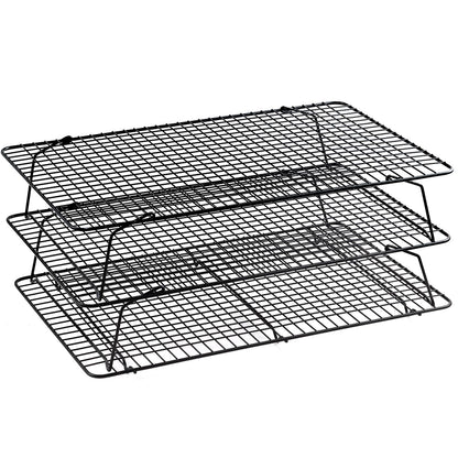Pleafind Stackable Cooling Rack Set - 3 Pieces 16 x 10 Inch Stainless Steel Roasting Rack, Heavy Duty Cooling Racks for Cooking and Baking, Oven and Dishwasher Safe Bacon Rack, Black