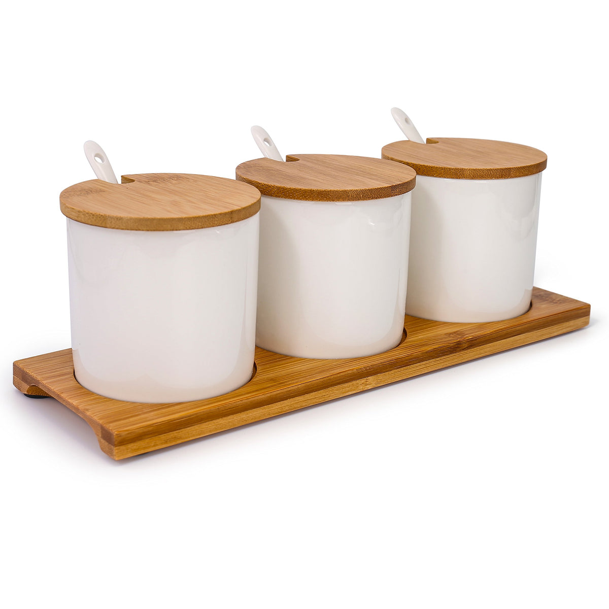 Porcelain Condiment Jar Spice Container with Lids - Bamboo Cap Holder Spot, Ceramic Serving Spoon, Wooden Tray Best Pottery Cruet Pot for Your Home, Kitchen, Counter. White,170 ML (5.8 OZ), Set of 3