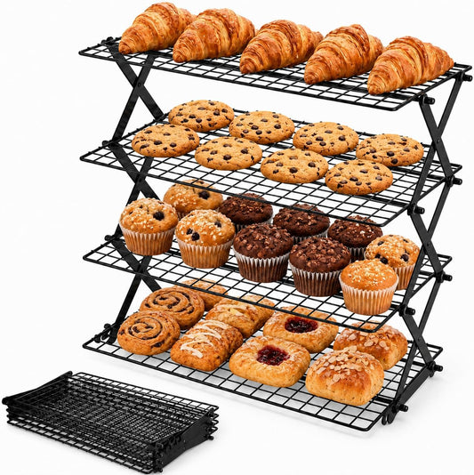 4-Tier Collapsible Cooling Rack, Cooling Rack for Baking, Cookie Rack, Outdoor Camping Food Shelf, Heavy Duty, Ideal for Cake, Bread, Cookies, Barbecue