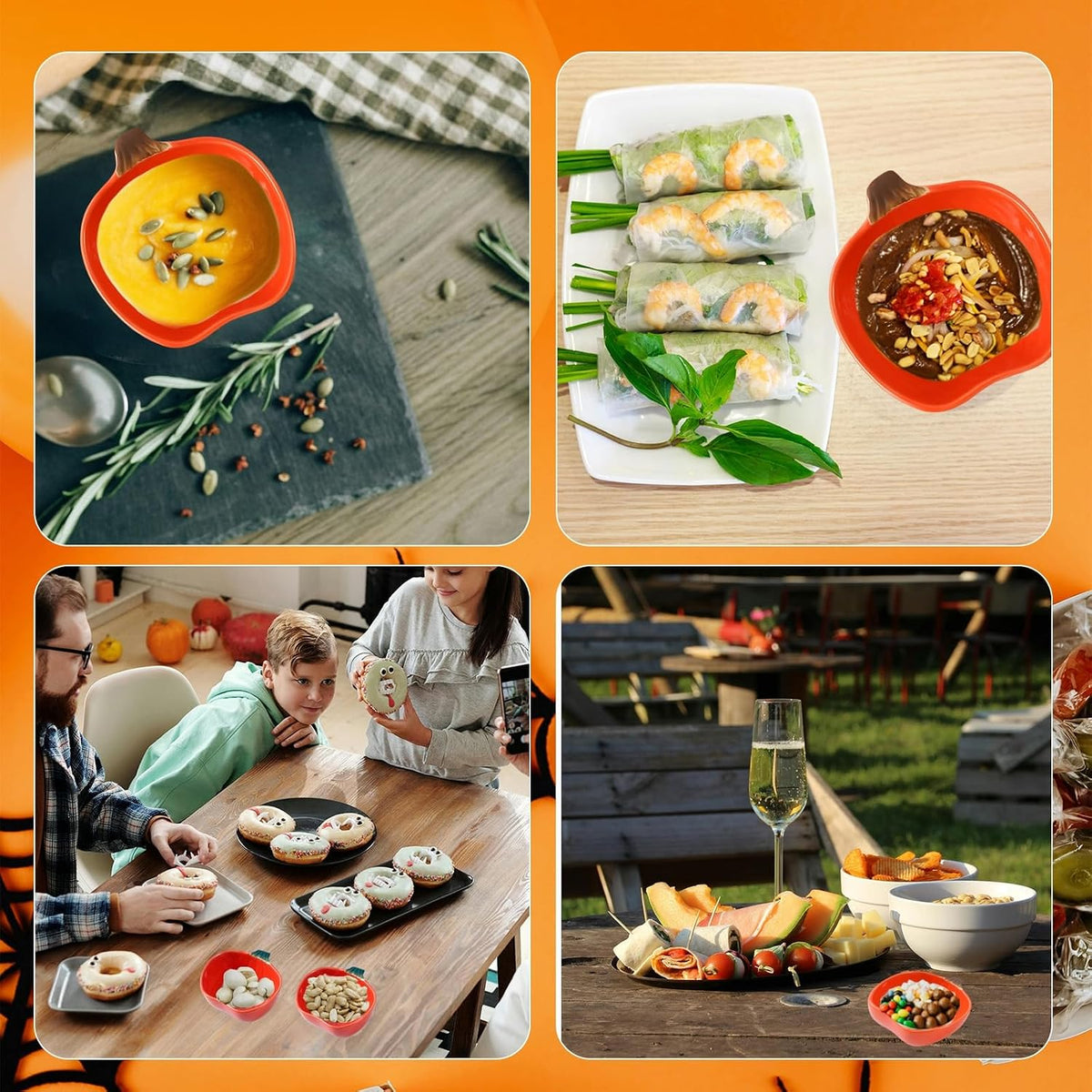 Pumpkin Ceramic Dipping Bowls - Soy Sauce Dishes Set, 4 Pack Small Dip Bowls for Side Dish, Ketchup BBQ Party
