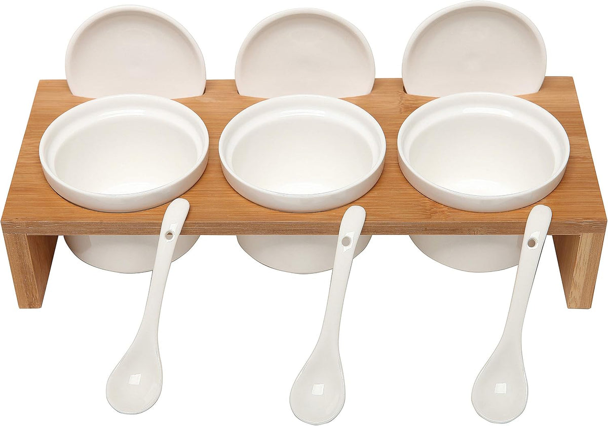 MyGift 10 Pcs Sauce Serving Dish, Hosting Party Essentials Host Gift, 3 Ceramic Ramekin Chip Dip Bowls with Lids & Spoons, Premium Bamboo Server Tray, Condiment Pot Entertaining