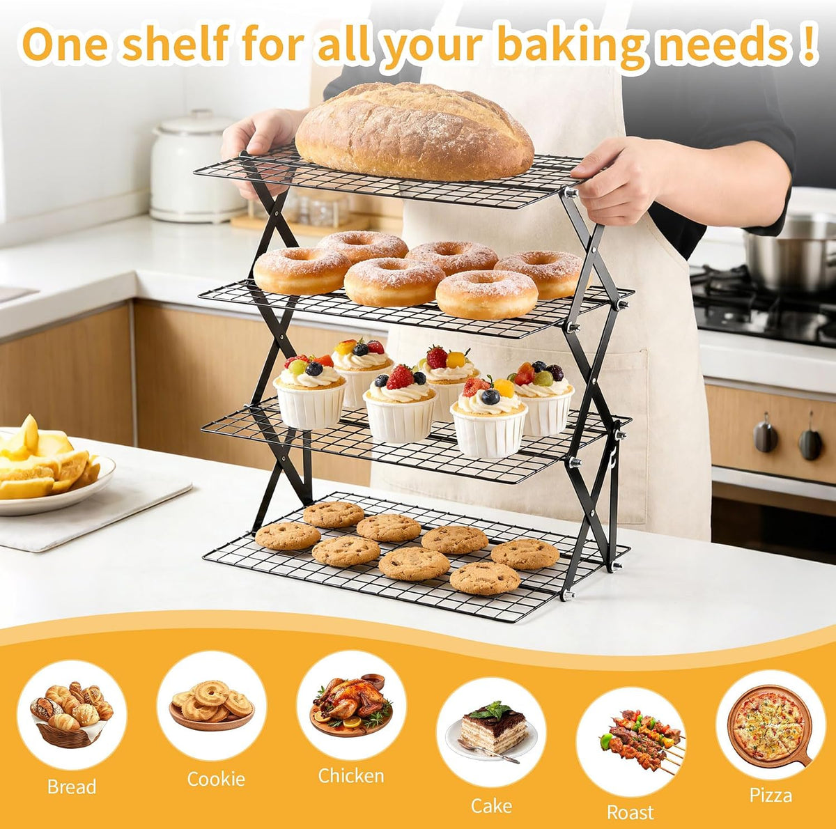 4-Tier Collapsible Cooling Rack with 3-Setting Design, Heavy-Duty Steel Baking Rack for Oven Safe Cooking & Space-Saving Storage