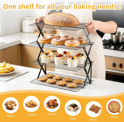 4-Tier Collapsible Cooling Rack with 3-Setting Design, Heavy-Duty Steel Baking Rack for Oven Safe Cooking & Space-Saving Storage