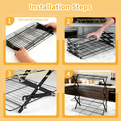 4-Tier Collapsible Cooling Rack with 3-Setting Design, Heavy-Duty Steel Baking Rack for Oven Safe Cooking & Space-Saving Storage