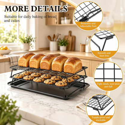 5 Pcs Stackable Cooling Racks Sets (13.4"x9.4") with Compatible Baking Pan