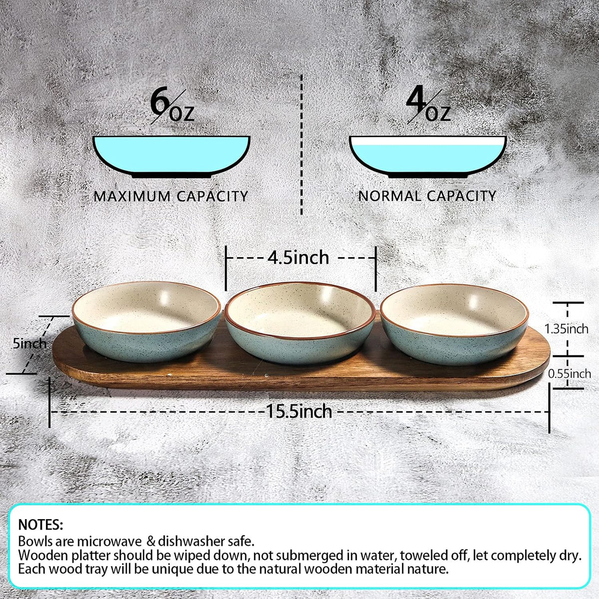 Artena 6oz Turquoise Solid Ceramic Chips and Dip Serving Platter with Acacia Wooden Tray, 4.5inch Glazing Small Serving Bowls/Dipping Dishes for Condiments,Side Dishes, Dipping, Pre, Dessert, Salsa
