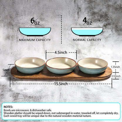 Artena 6oz Turquoise Solid Ceramic Chips and Dip Serving Platter with Acacia Wooden Tray, 4.5inch Glazing Small Serving Bowls/Dipping Dishes for Condiments,Side Dishes, Dipping, Pre, Dessert, Salsa