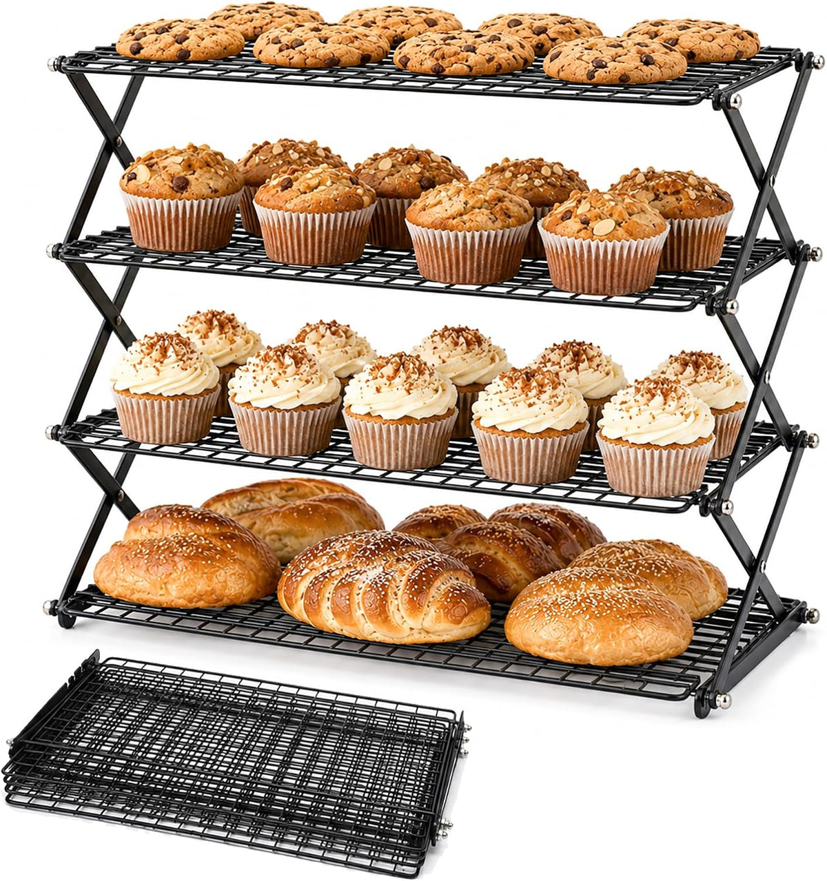 4-Tier Collapsible Cooling Rack with Adjustable 3 Setting Design Stackable Drying Wire Cooling Rack for Cooking and Baking, Roasting ＆ Grilling Gifts for Picnic Party, 2/3/4-Tier Upgraded