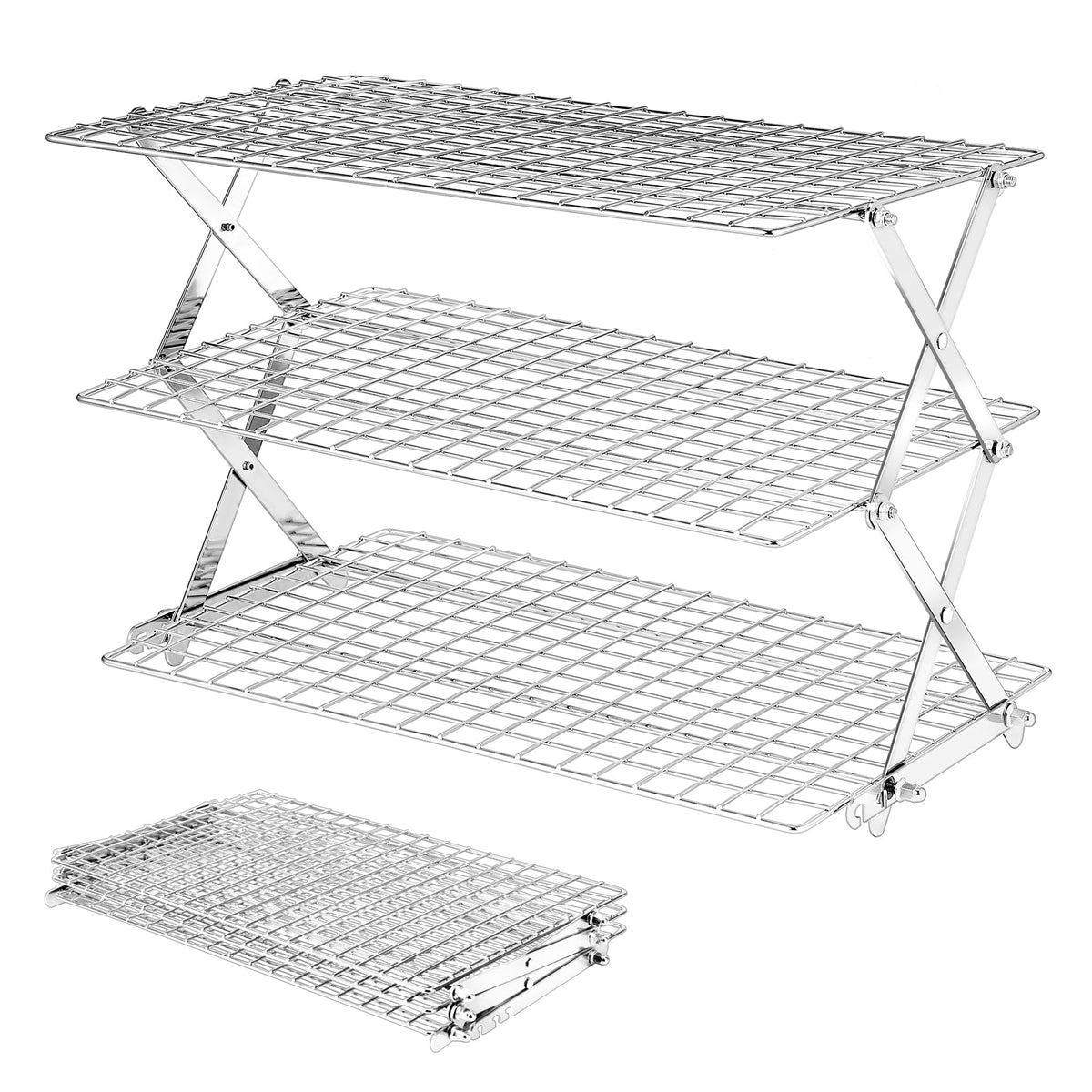 BEWOS 4 Tier Collapsible Cooling Rack - Adjustable Stainless Steel Baking Rack with Leak-Proof Mesh, X-Shaped Structure Cooling Rack for Cooking and Baking, Dishwasher Safe