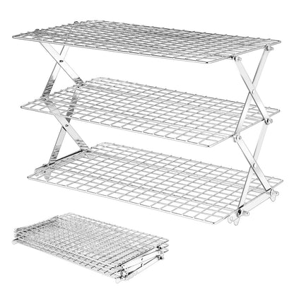 BEWOS 4 Tier Collapsible Cooling Rack - Adjustable Stainless Steel Baking Rack with Leak-Proof Mesh, X-Shaped Structure Cooling Rack for Cooking and Baking, Dishwasher Safe