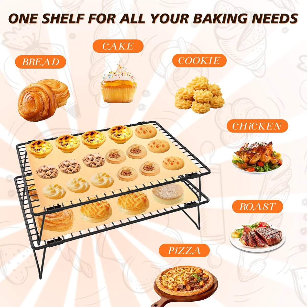 2-Tier Baking Cooling Rack with Legs, 13"x 9" w/50 Parchment Paper