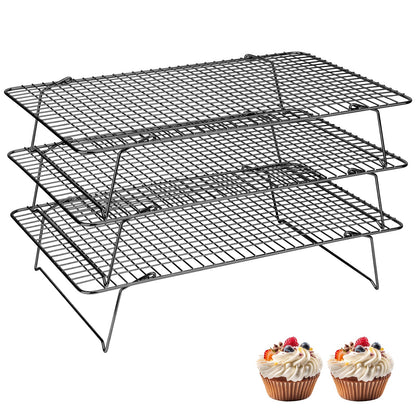 Pleafind Stackable Cooling Rack Set - 3 Pieces 16 x 10 Inch Stainless Steel Roasting Rack, Heavy Duty Cooling Racks for Cooking and Baking, Oven and Dishwasher Safe Bacon Rack, Black
