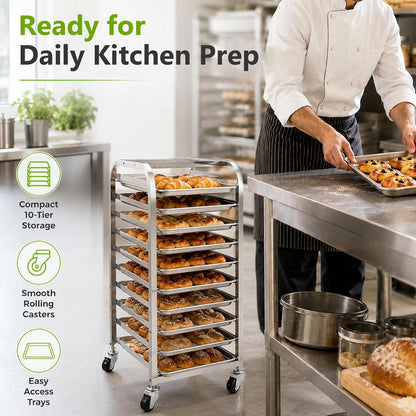 10-Tier Sheet Pan Rack with Wheels for Home Bakery Rolling Cart Fits 1/2 & 1/4 Sheet Pans, Commercial Grade Bread Cooling & Dough Proofing Rack for Bakers, Candle & Soap Makers