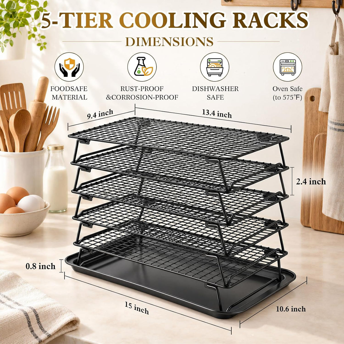 5 Pcs Stackable Cooling Racks Sets (13.4"x9.4") with Compatible Baking Pan