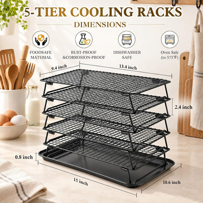 5 Pcs Stackable Cooling Racks Sets (13.4"x9.4") with Compatible Baking Pan