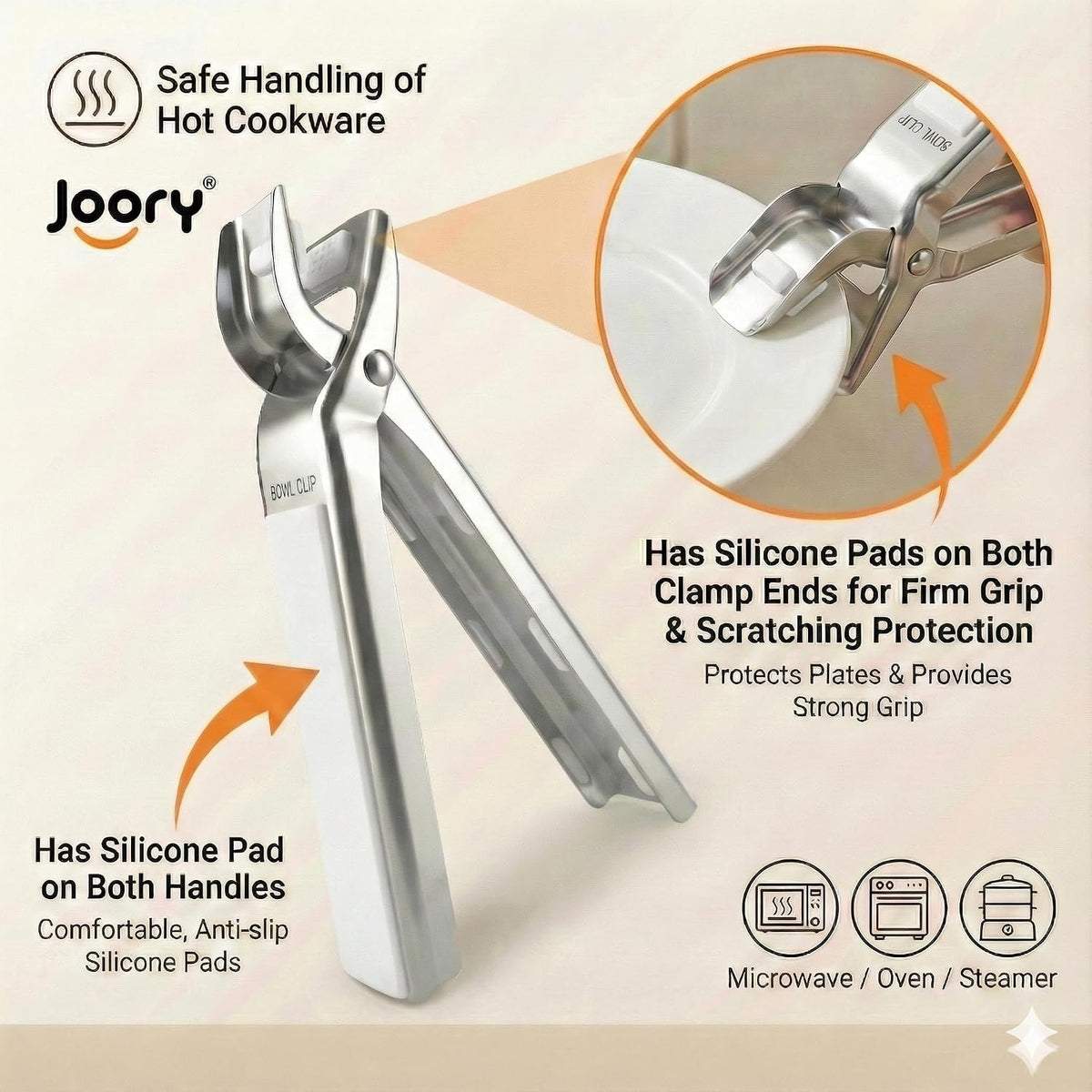 Heavy Duty Stainless Steel Hot Plate Gripper Tongs with Non-Slip Silicone Pads | Multi-Angle Anti-Scald Pan Grabber | Microwaves & Air Fryer Accessories | Rust, Heat Resistant Clamp (White)