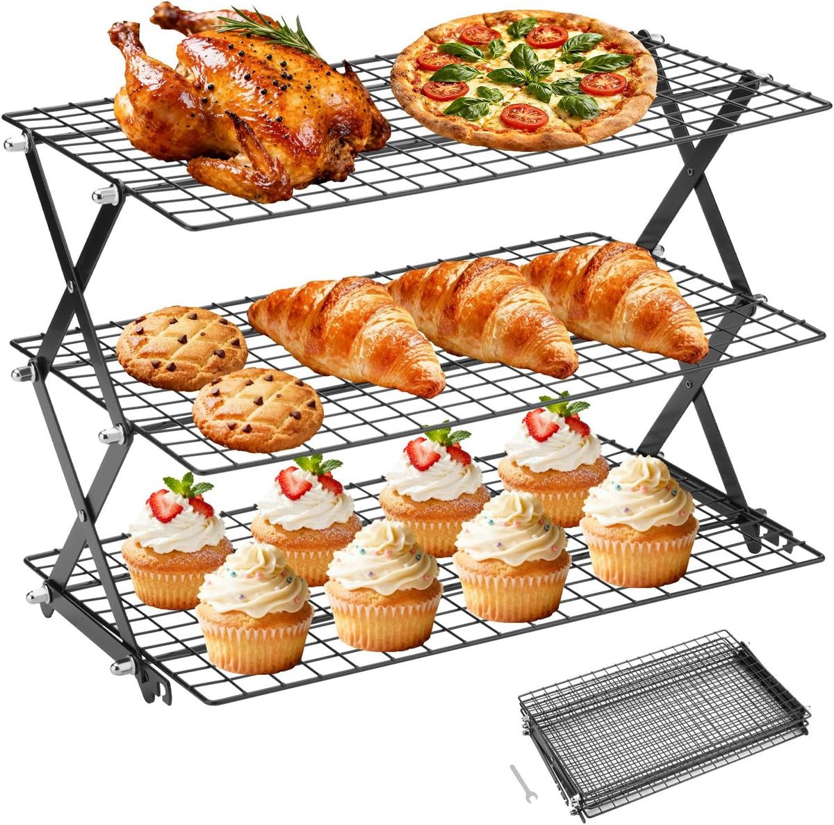 3-Tier Stackable Cooling Rack for Baking, Collapsible Wire Cookie Rack with Adjustable Heights, Non-Stick Roasting & Drying Rack for Cupcakes, Pies and Pastries, Space-Saving Kitchen Essential
