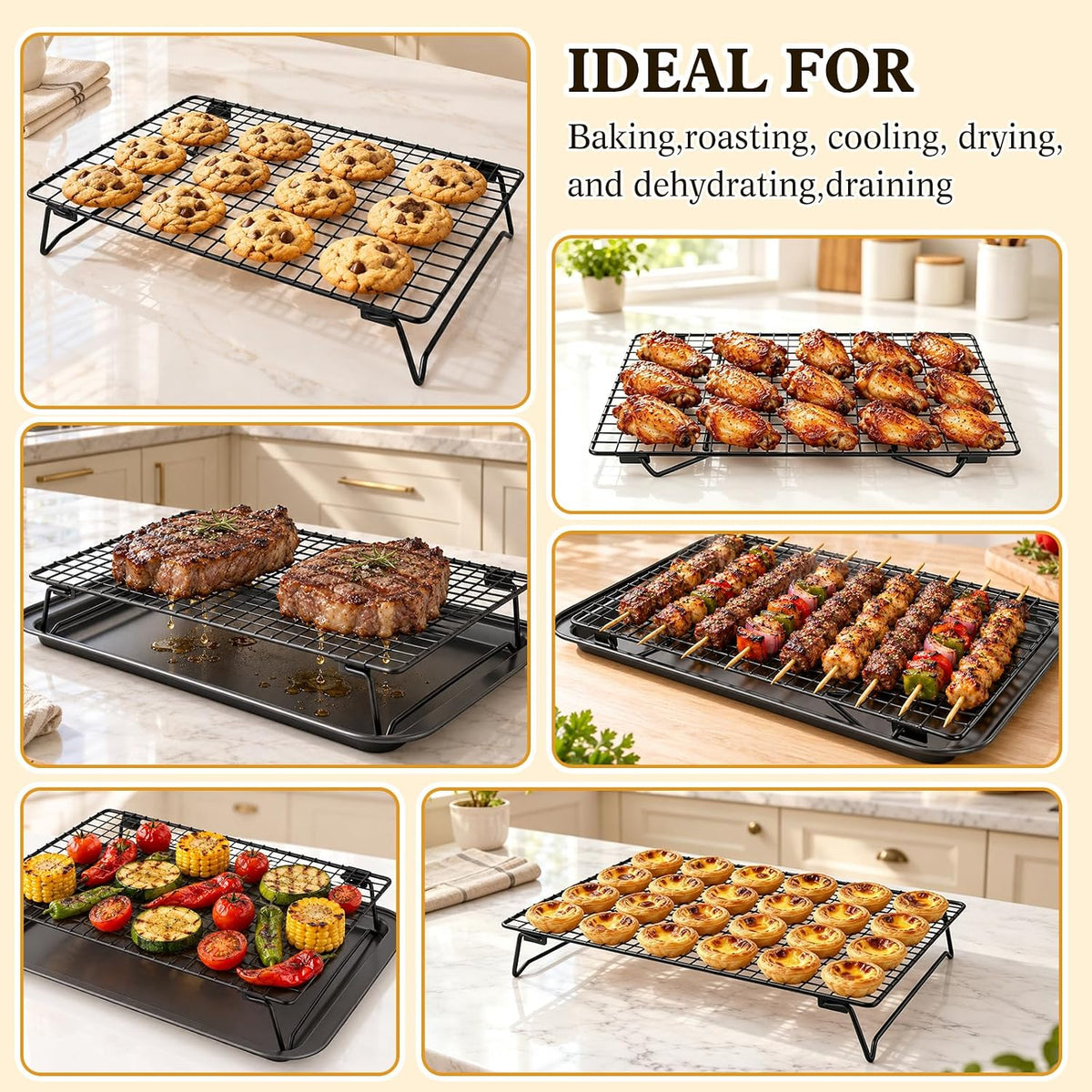 5 Pcs Stackable Cooling Racks Sets (13.4"x9.4") with Compatible Baking Pan