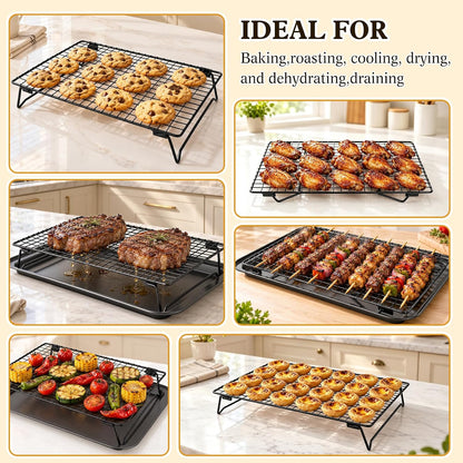 5 Pcs Stackable Cooling Racks Sets (13.4"x9.4") with Compatible Baking Pan