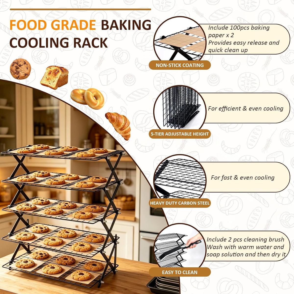 5 Tier Collapsible Cookies Cooling Rack with Adjustable 4 Setting Design