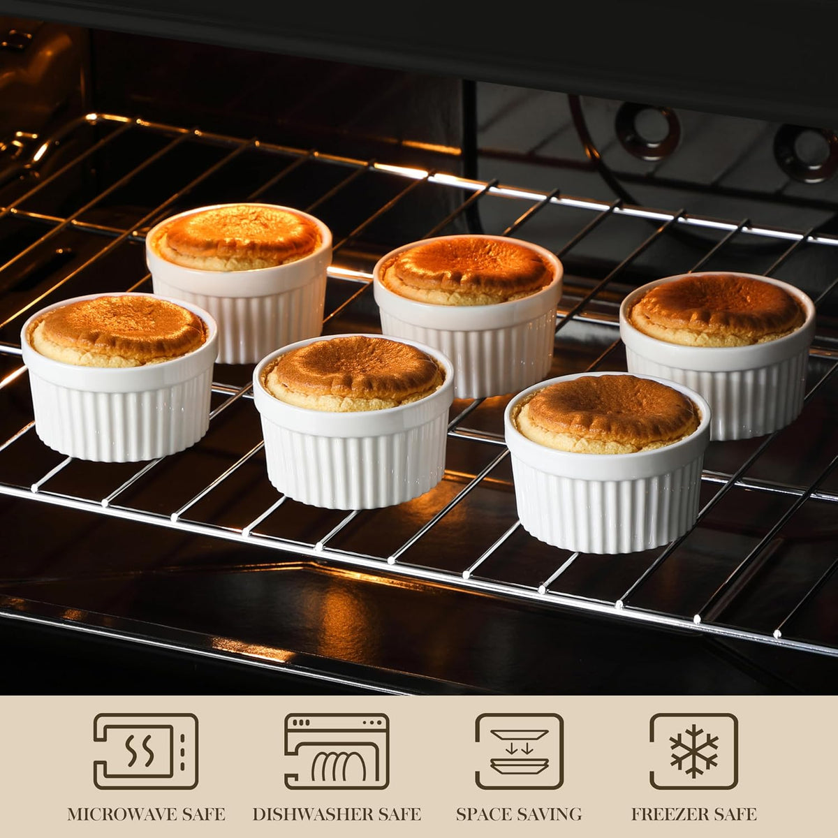 MALACASA Ramekins 4 oz Oven Safe, Porcelain, Set of 6, White