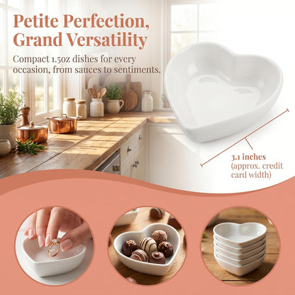 WUWEOT 24 Pack Porcelain Sauce Dish, White Heart-shaped Dip Bowls, 1.5Oz Ceramic Ring Dishes Candle Tray, Seasoning Dishes Appetizer Plates