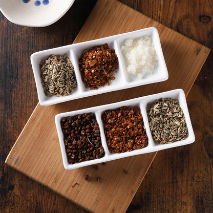 2Pcs Ceramic 3 Compartment Appetizer Serving Tray Rectangular Divided Sauce Dishes Ceramic Serving Platters for Soy Sauce Spice Dip Snacks