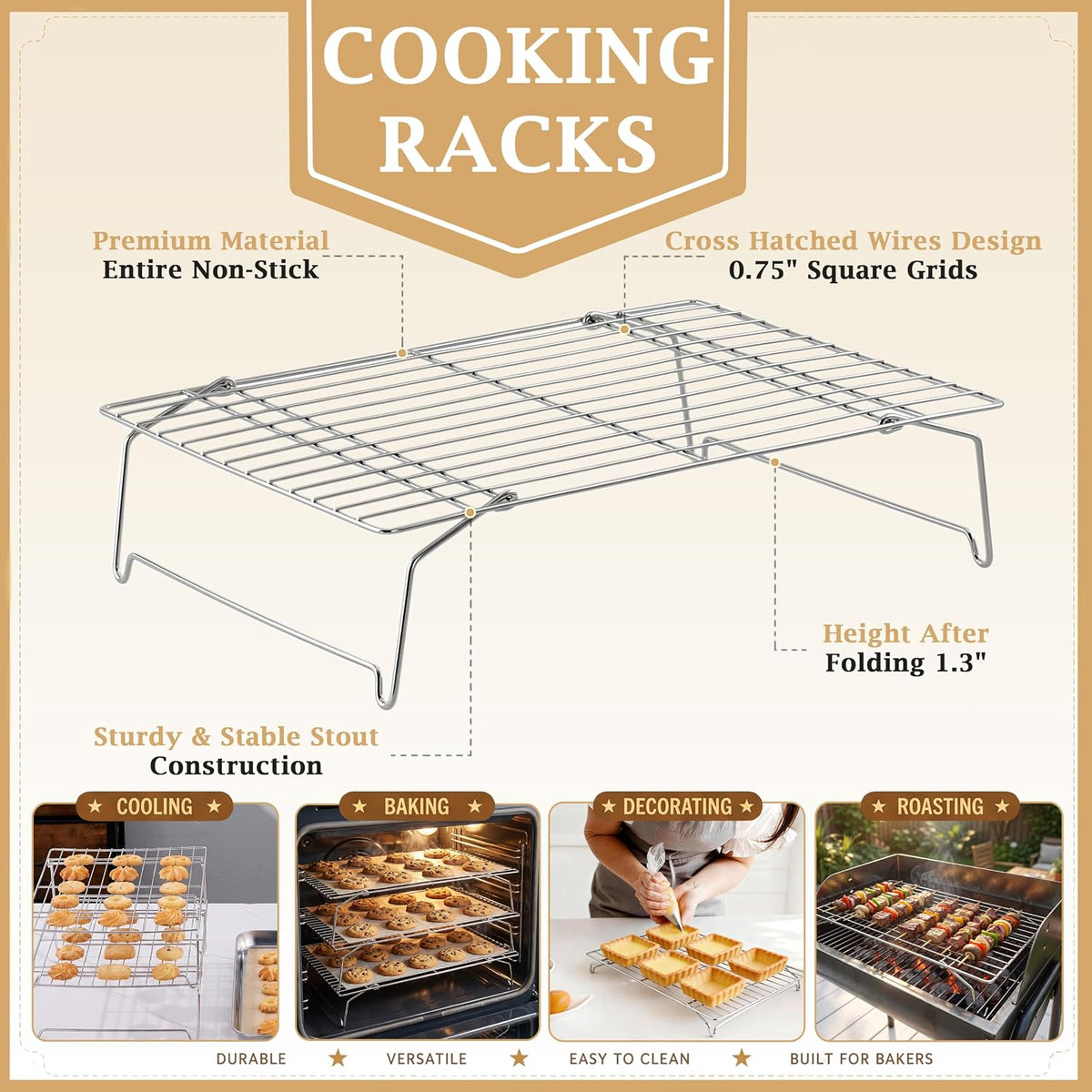LIANYU Cooling Rack 15"x10", 3-Tier Stackable & Collapsible Cooling Racks