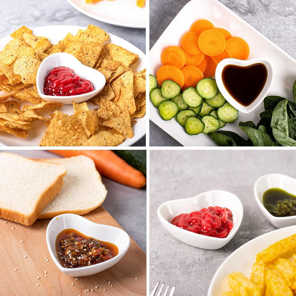 DELLING Heart Shaped Dipping Bowls Set of 6, Mini Soy Sauce Dishes 2 Oz, Small Ceramic Bowls for Condiment Ketchup Dip, Porcelain Sauce Cups for Charcuterie Board BBQ Party, White