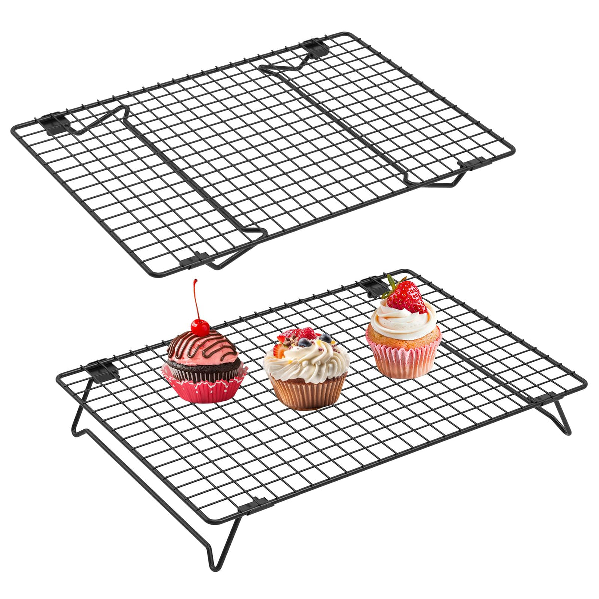 2 Pack Cooling Racks for Cooking and Baking, 13.4 x 9.4 Inch 2-Tier Stackable Cookie Cooling Rack Tall Baking Racks, Carbon Steel Roasting Wire Rack for Baking, Grilling Making Jerky (Black)