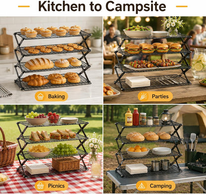 4-Tier Collapsible Cooling Rack with Adjustable 3 Setting Design Stackable Drying Wire Cooling Rack for Cooking and Baking, Roasting ＆ Grilling Gifts for Picnic Party, 2/3/4-Tier Upgraded