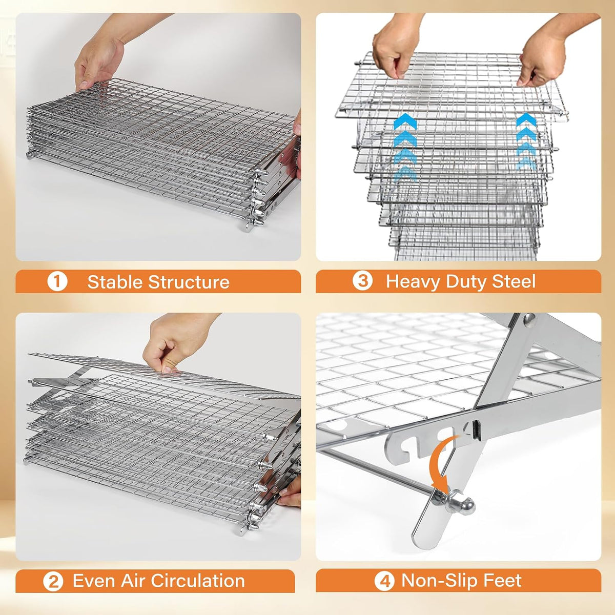 6 Tier Upgraded Collapsible Cooling Rack with Adjustable 3 Setting Design, Stackable Baking Rack with Clean Brush, Roasting Cooking Drying Wire Cooling Rack for Cookies Baking Roasting ＆ Grilling