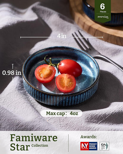 famiware Ceramic Soy Sauce Dish, 4oz Dipping Bowls Set of 6, Nebulas Blue