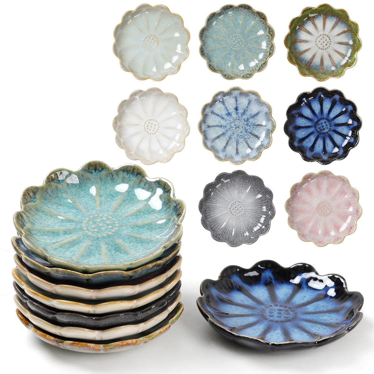 Ceramic Dipping Bowls Set of 8, 3 oz Sauce Cups, Chrysanthemum Round Small Side Dish for Sushi, Tomato, Soy Sauce, Condiment Finger Bowls