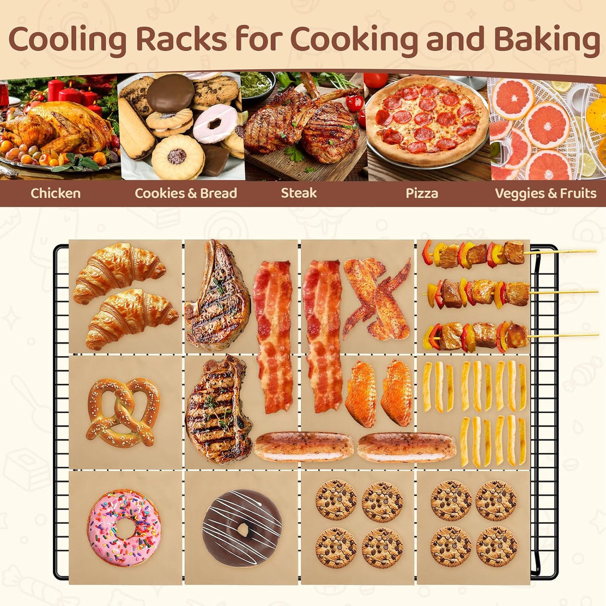 3 Tier 17" x 11" Cooling Rack for Cooking and Baking w/100 Papers