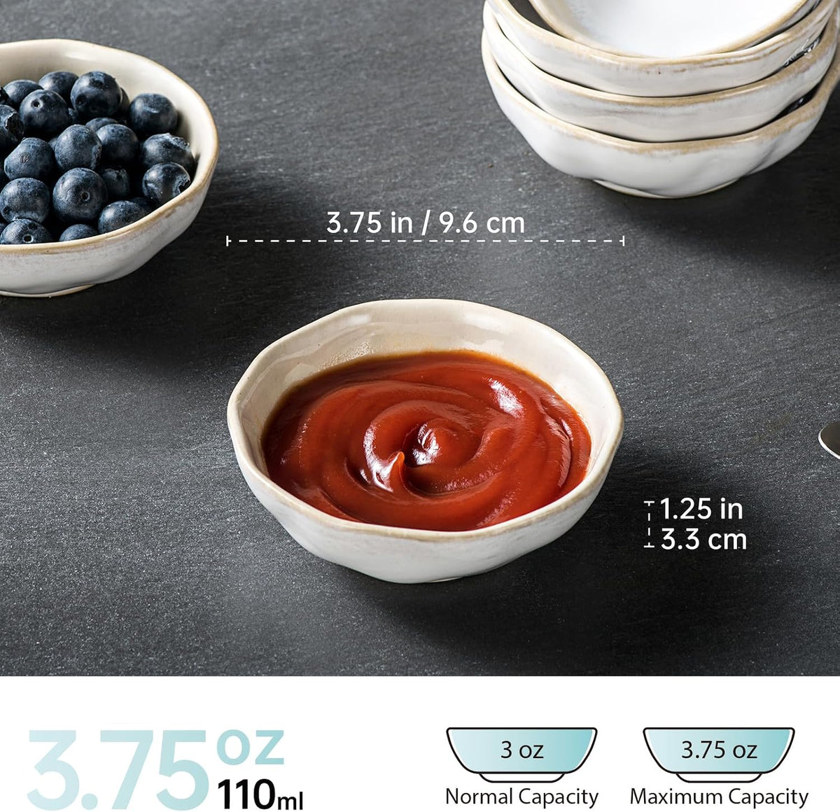 Dipping Bowls Set of 6, 3 oz Ceramic Soy Sauce & Condiment Dishes