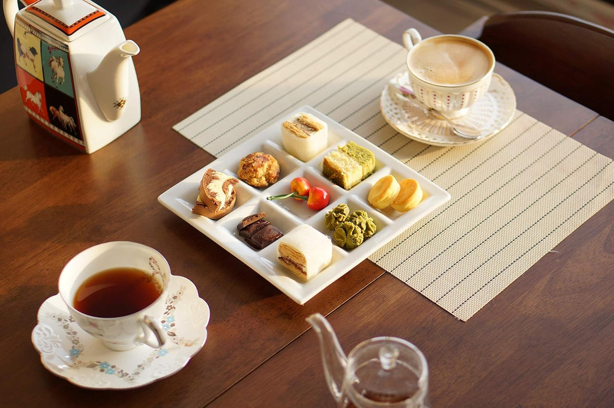 Cinf Ceramic Divided Plate, 9-Section Snack Tray with Sauce Compartments