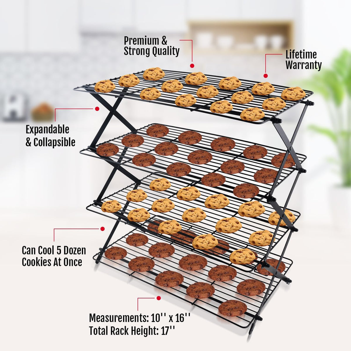4-Tier Collapsible Cooling Rack For Baking - Expandable & Foldable Cookie Cooling Wire Rack - Baking Rack - Foldable Cooling Rack For Baking Supplies - Premium Quality & Sturdy Legs
