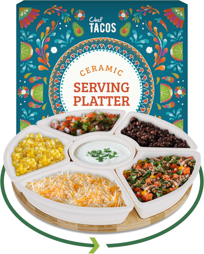 Ceramic Taco Lazy Susan, Taco Serving Platter, 6 Bowls, 10.2 in